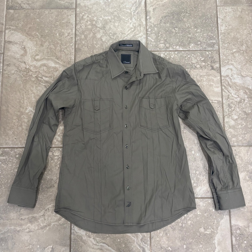 7 Diamonds Mens Long Sleeve Button Down Shirt Olive Green Western Yoke small